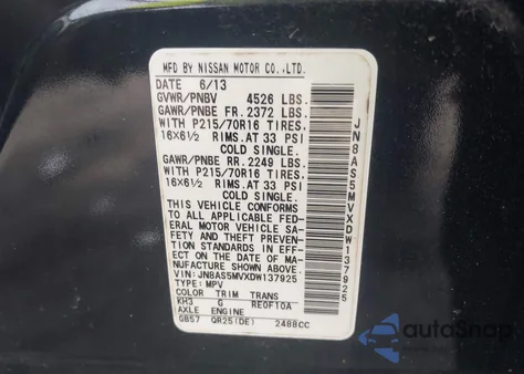 2013 Nissan Rogue S/Sv z USA, uszkodzony, nr VIN JN8AS5MVXDW137925